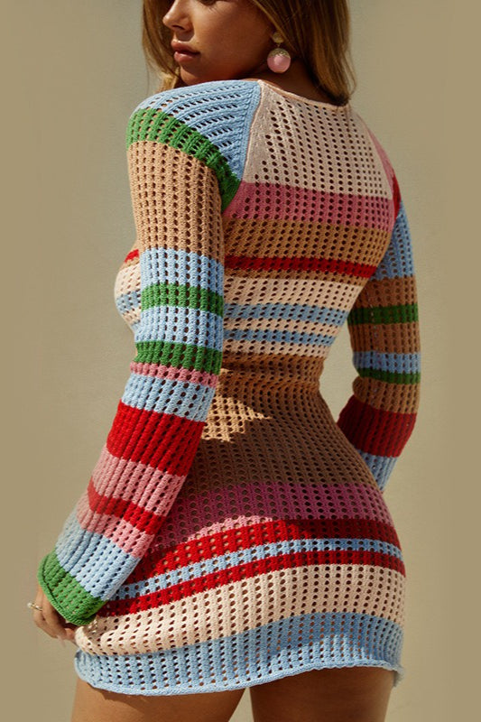 Striped ColorBlock UNeck LongSleeve Knit Sweater Dress