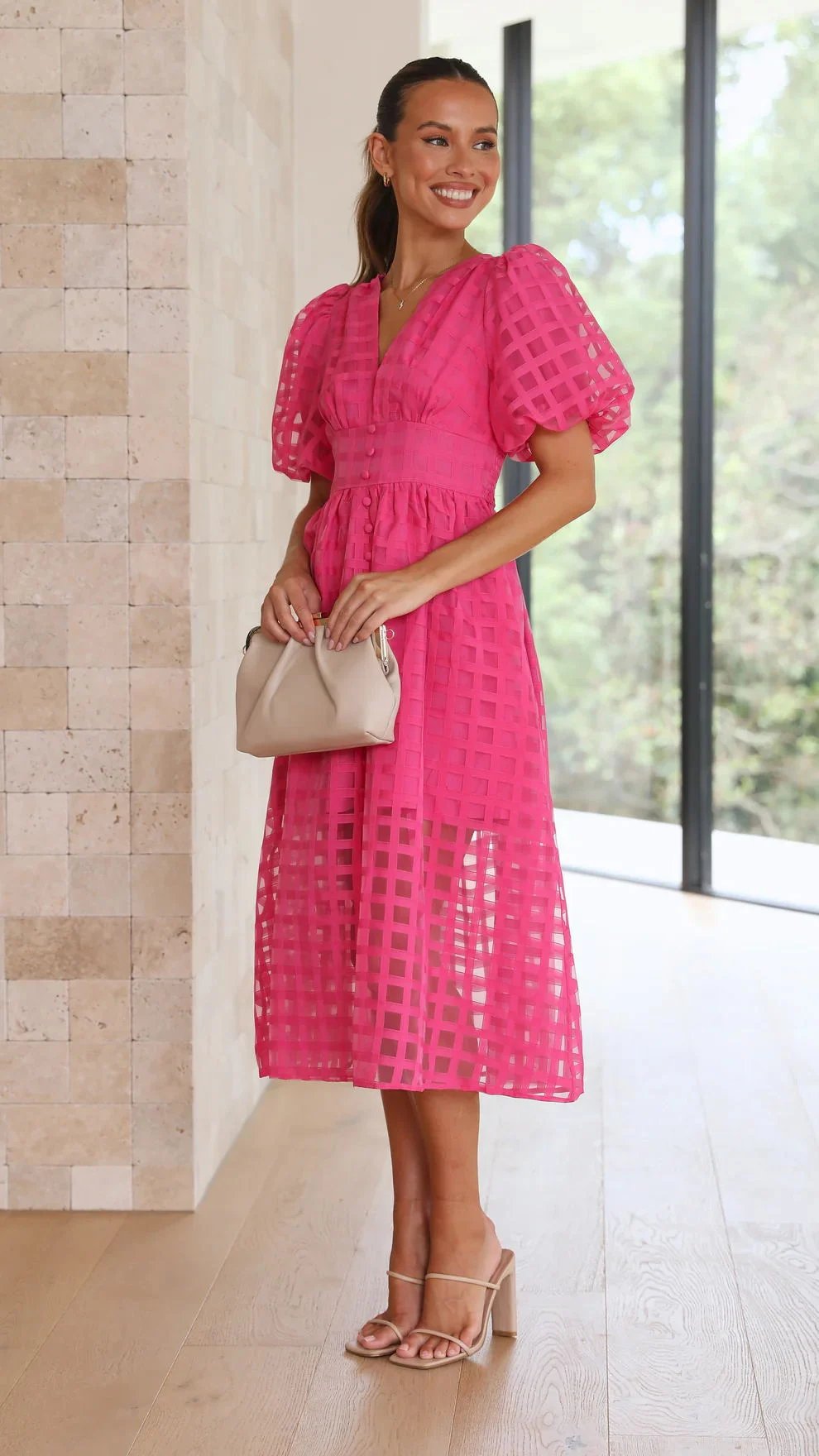 Beautiful square pattern fabric puff sleeve midi