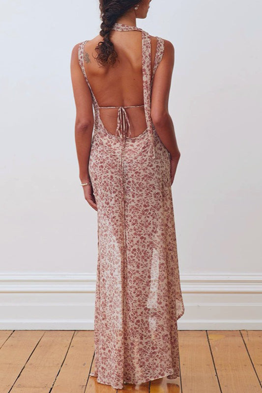 Red Spaghetti Strap Backless Ditsy Floral Print A-Line Maxi Dress 4