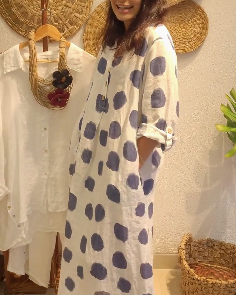 V-Neck Polka Dot Button Front Long Sleeve Loose Maxi Dress