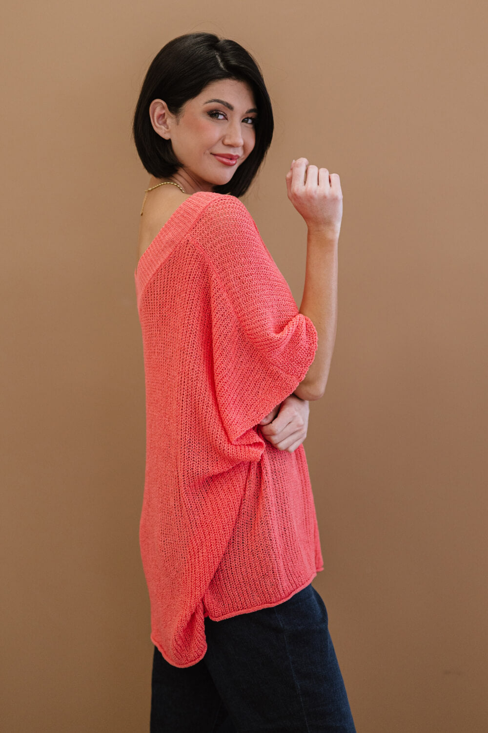 Deep Coral V-Neck Short Sleeve Openwork Loose Knit Sweater