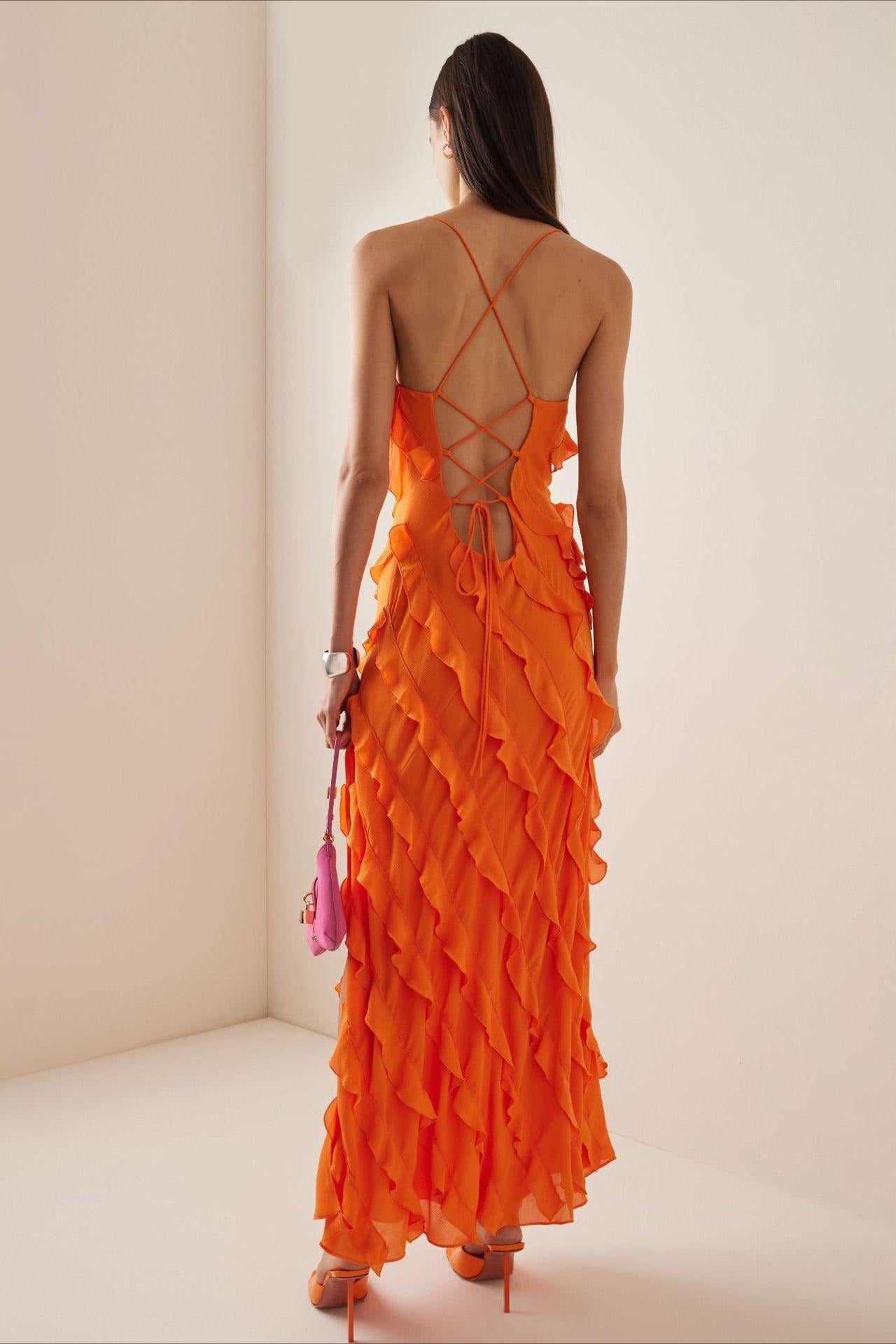 Off Shoulder Ruffle Split Hem Slip Dress
