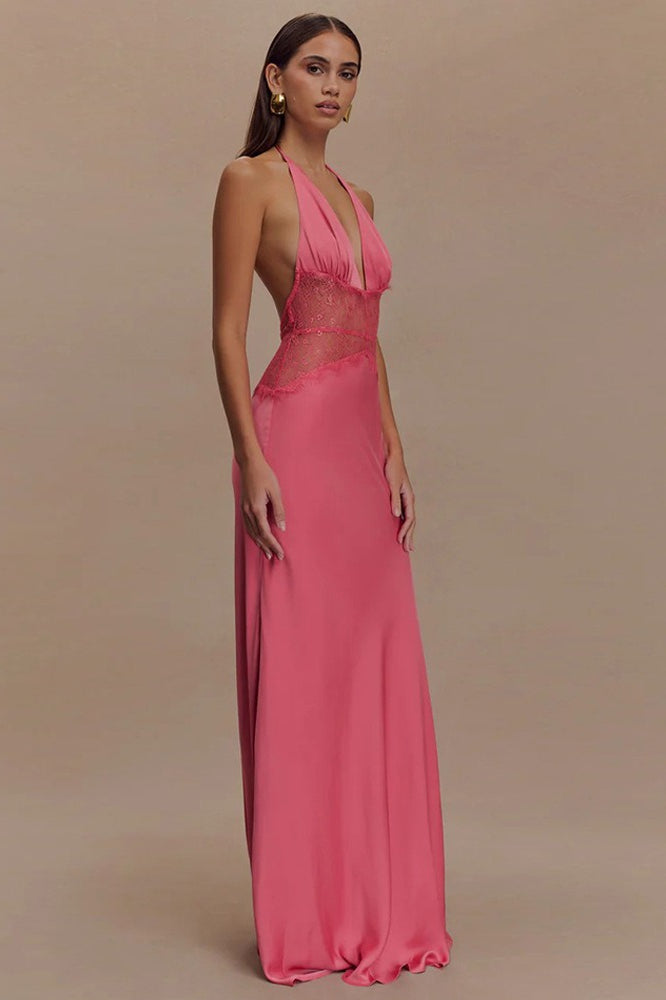 Solid Lace Sheer Halter Tie Back Slip Dress