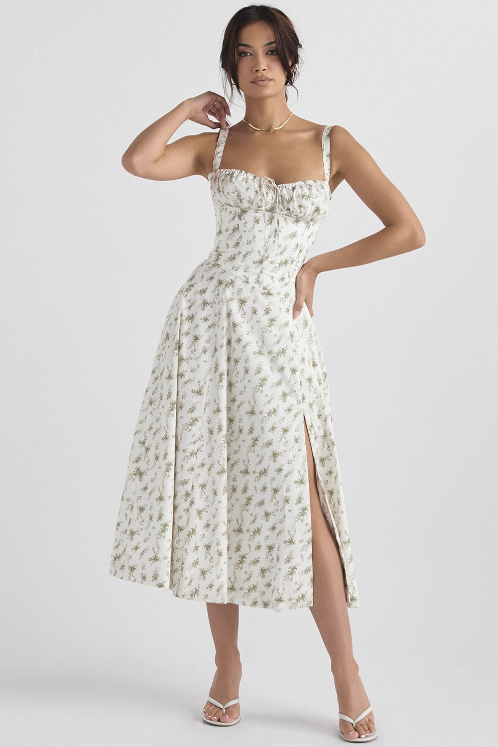 Wide Strap Sweetheart Ruched Bust Toile Floral Print A-Line Midi Dress 9