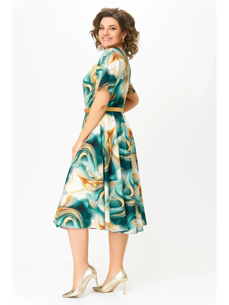 Dark Green Keyhole Neck Short Sleeve Marble Print Belted A-Line Midi Dress 4