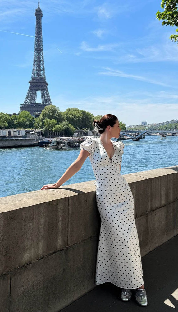 White Polka Dot V-Neck Bodycon Maxi Dress 3