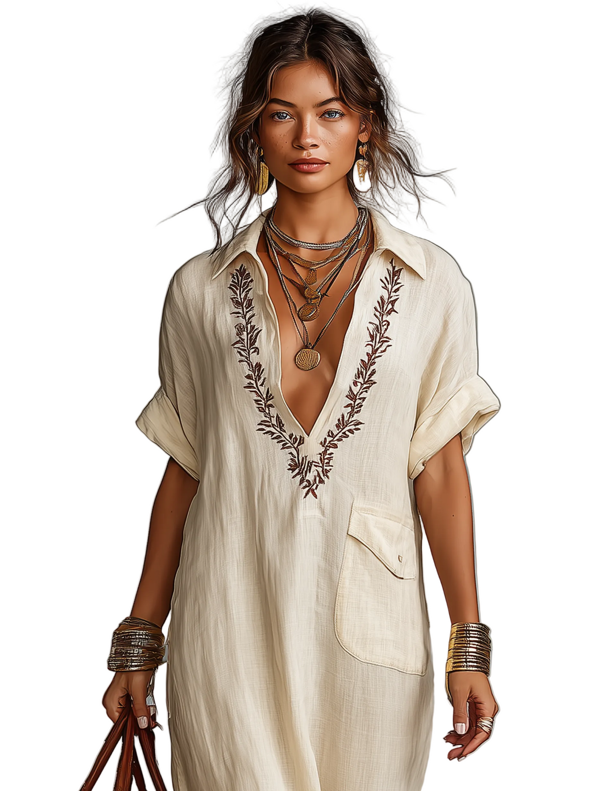 Beige Collared Embroidered V-Neck Linen Short Sleeve Kaftan Maxi Dress