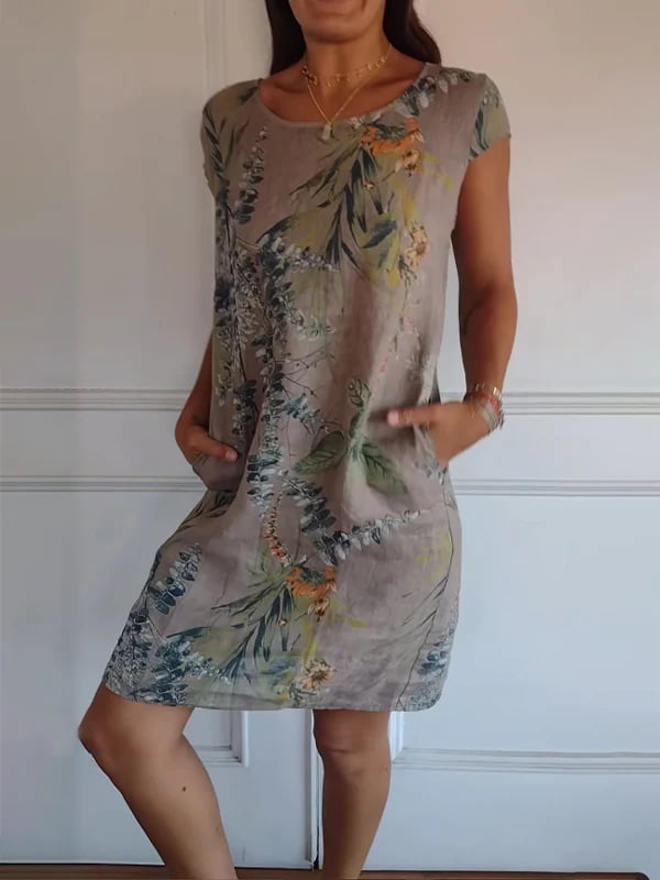 Round Neck Botanical Leaf Print Cap Sleeve Pocket Shift Mini Dress 4
