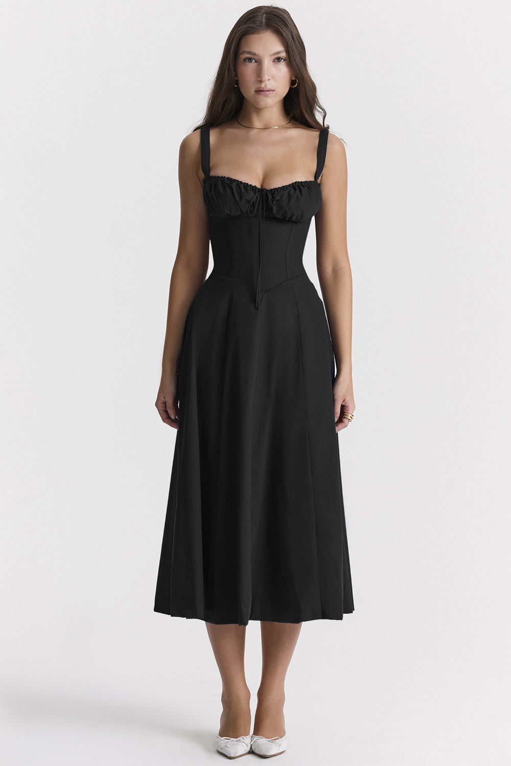 Corset Bodice Ruched Bust Tie-Front Flared Strap Midi Dress 8