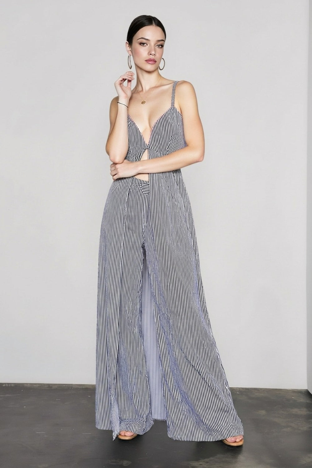 Stripe sleeveless wide leg vacation set