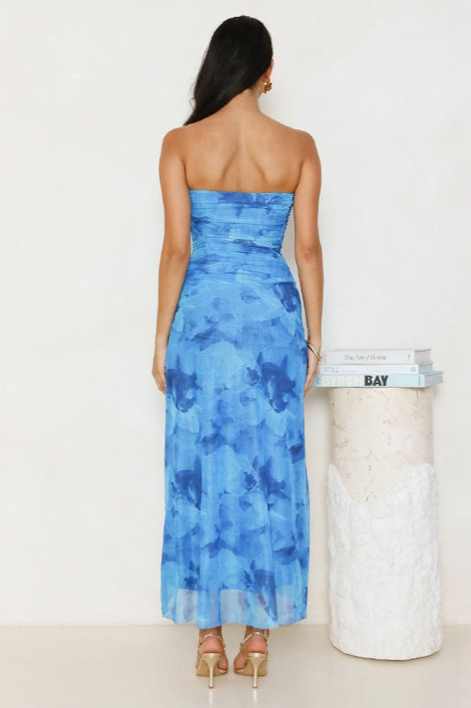 Strapless Printed Ruched Midi Dress