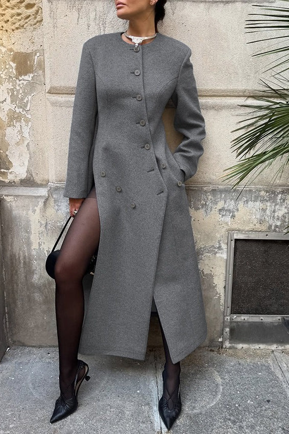 Gray Round Neck Wool Coat