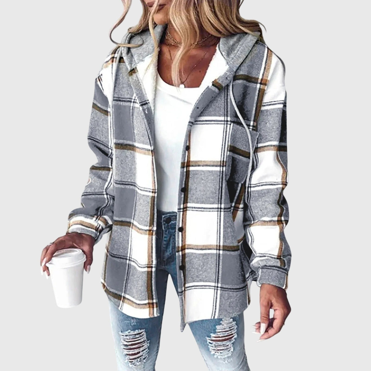 Hooded Plaid Flannel Drawstring Button Front Jacket