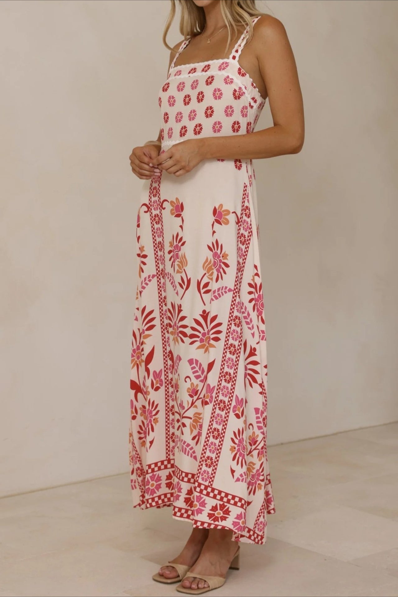 Square Neck Lace Trim Empire Waist Geometric Floral Border Maxi Dress 6
