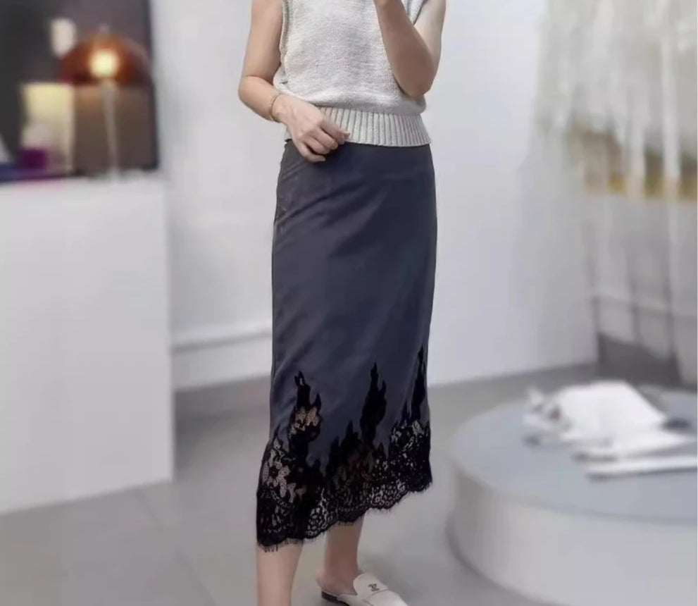 High-Quality Skirt with Lace Unique Design for Office Ladies Grey / M