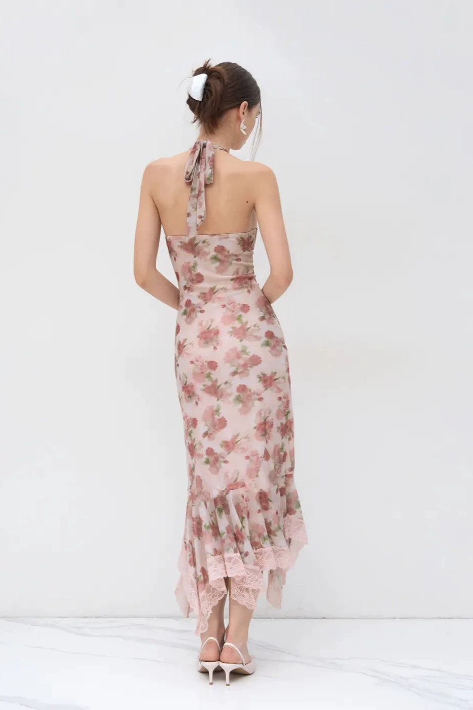 Luxury Halter Lace Trim Irregular Mermaid Long Floral Dress
