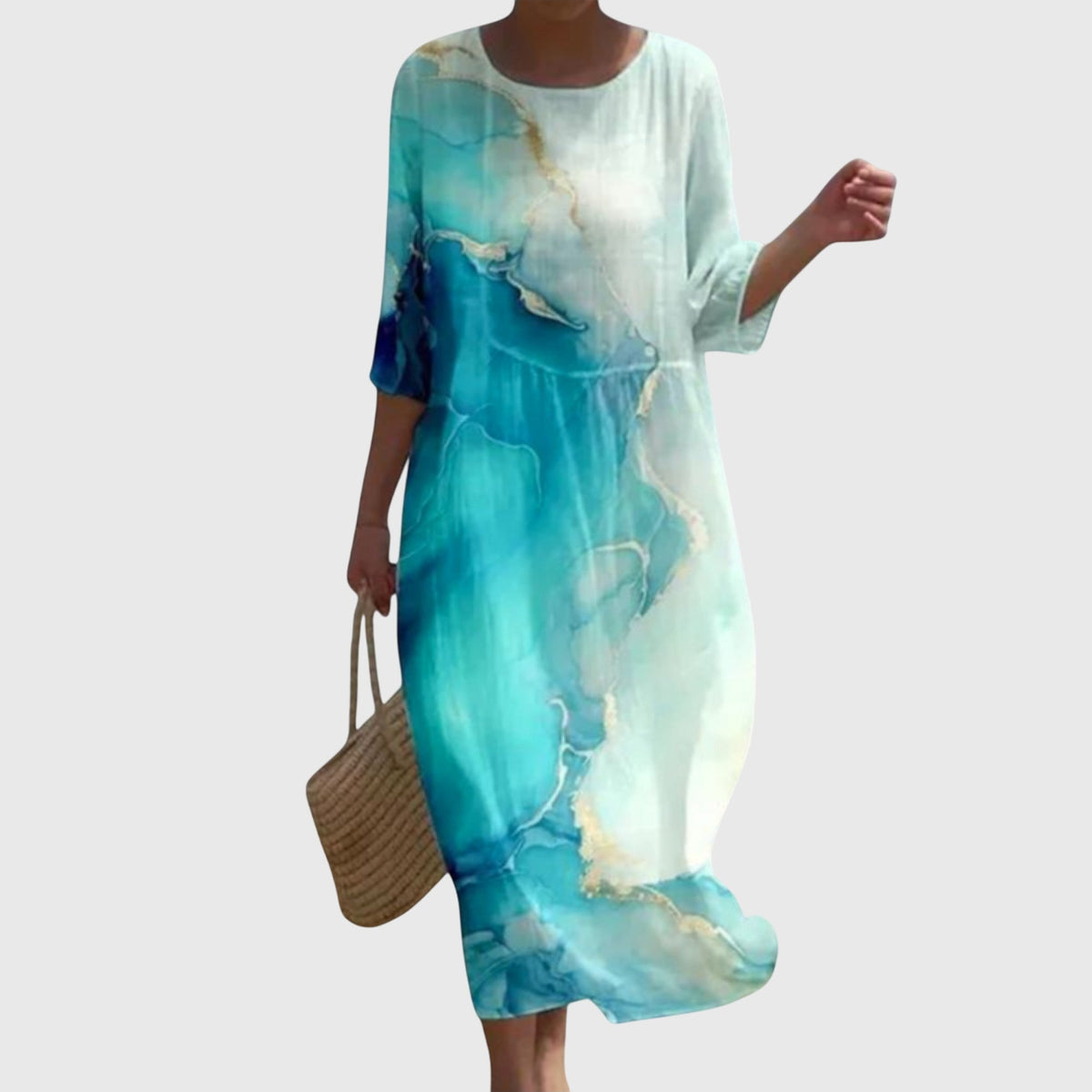 Round Neck Three-Quarter Sleeve Floral Rose Print Shift Midi Dress