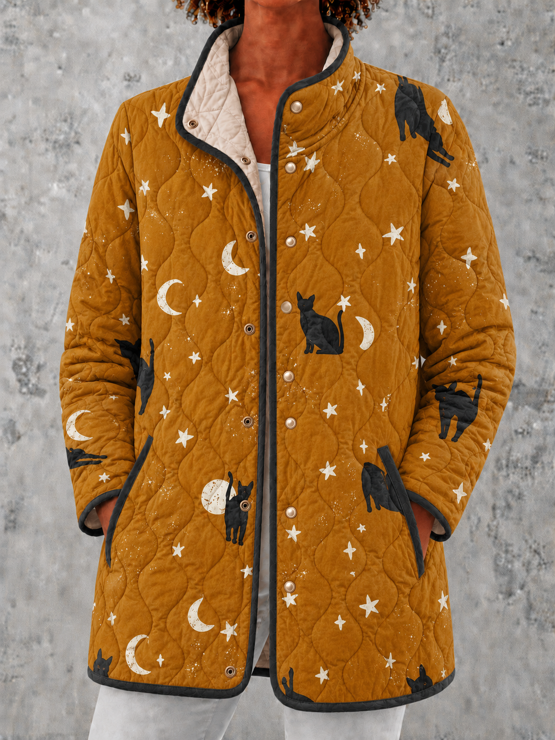 Multicolor Stand Collar Cat Moon Star Print Quilted Snap-Button Jacket