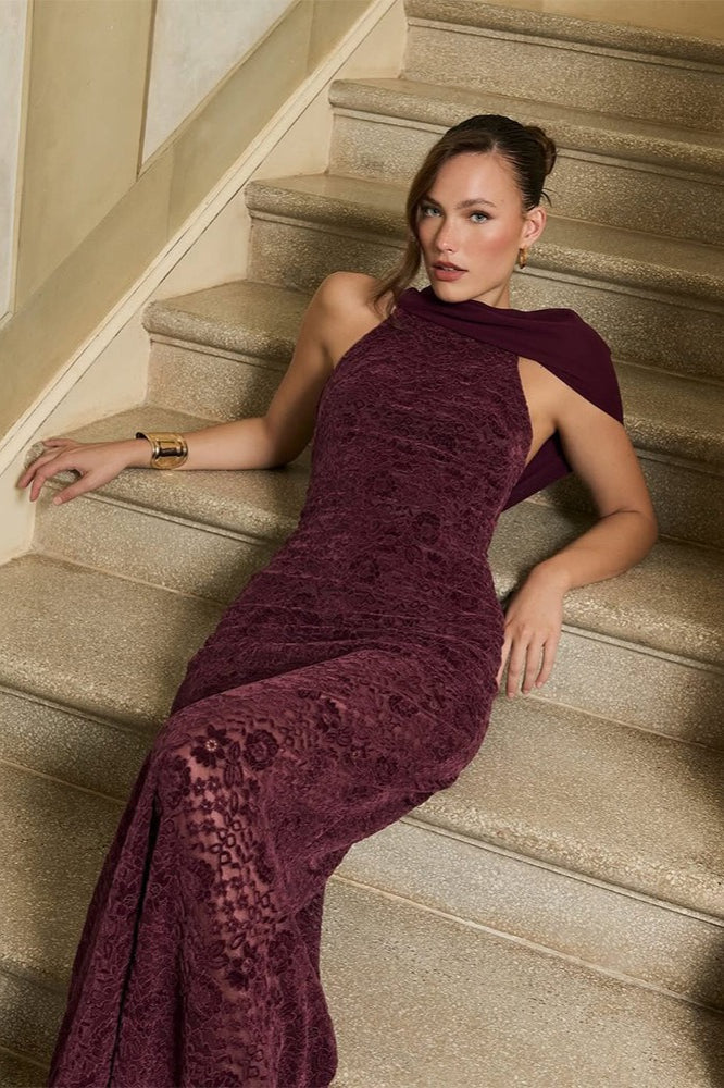 Elegant Scarf Neck Backless Lace Patchwork Bodycon Prom Dress