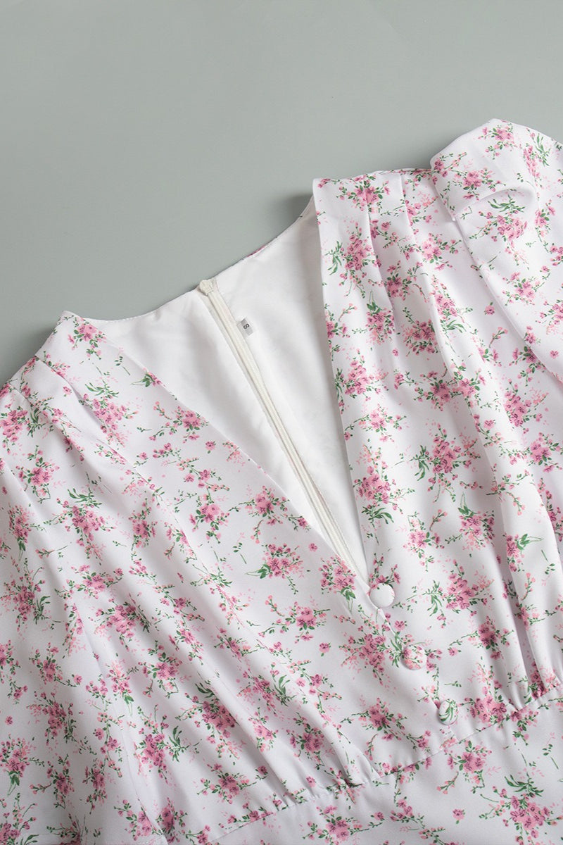 White Deep V Neck Puff Sleeve Empire Waist Button Detail Ditsy Floral Midi Dress 7