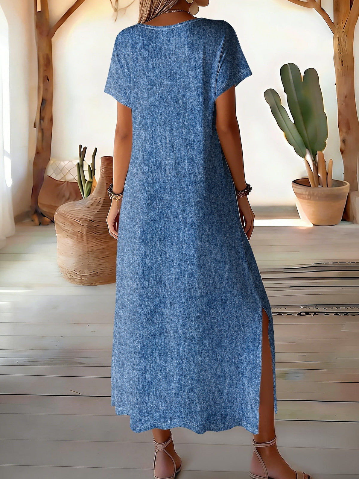 Blue V-Neck Button Front Denim Short Sleeve Side Slit Maxi Dress 7