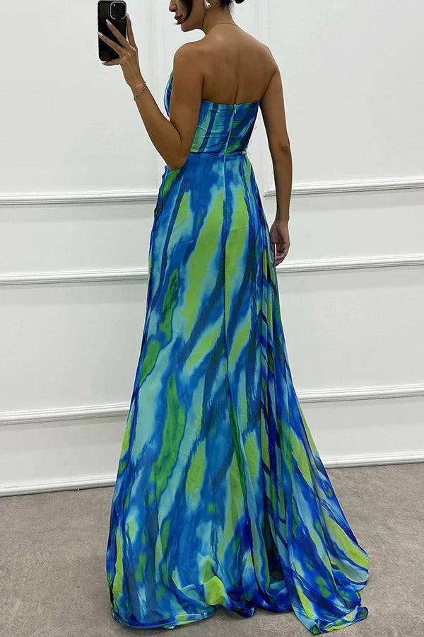One-Shoulder Feather Trim Printed Ruched High Slit Maxi Gown