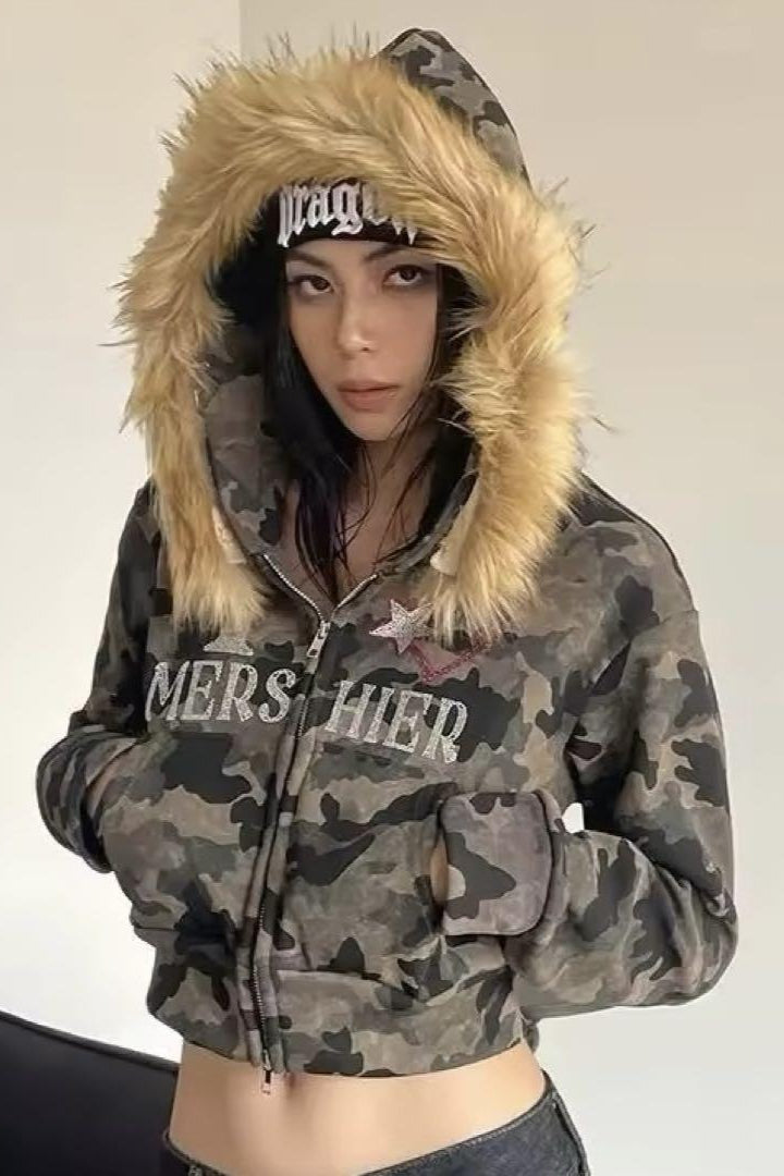 Camo Faux Fur Zip Short Hoodie