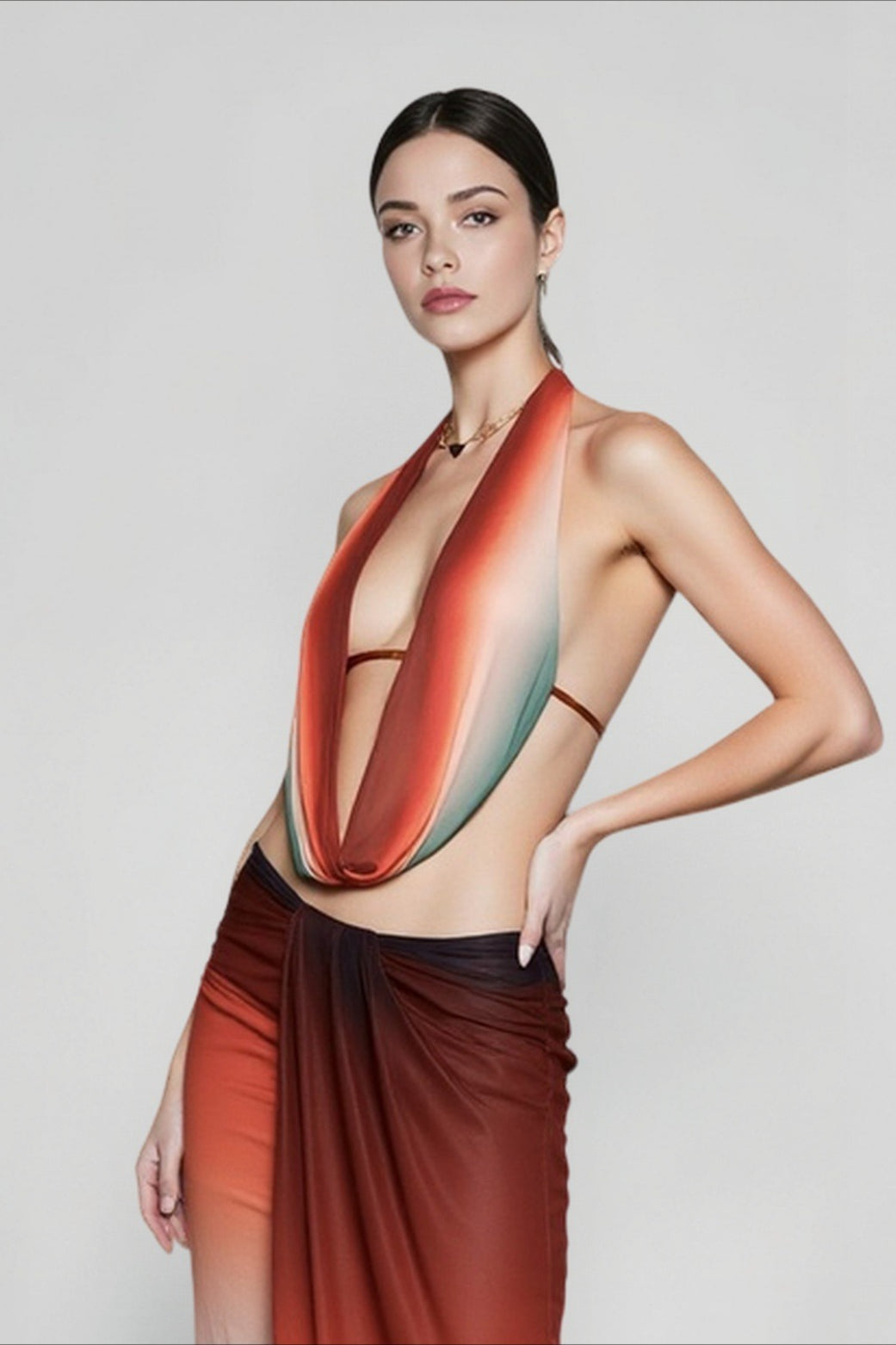 Mesh cowl neck backless bodycon vacation set