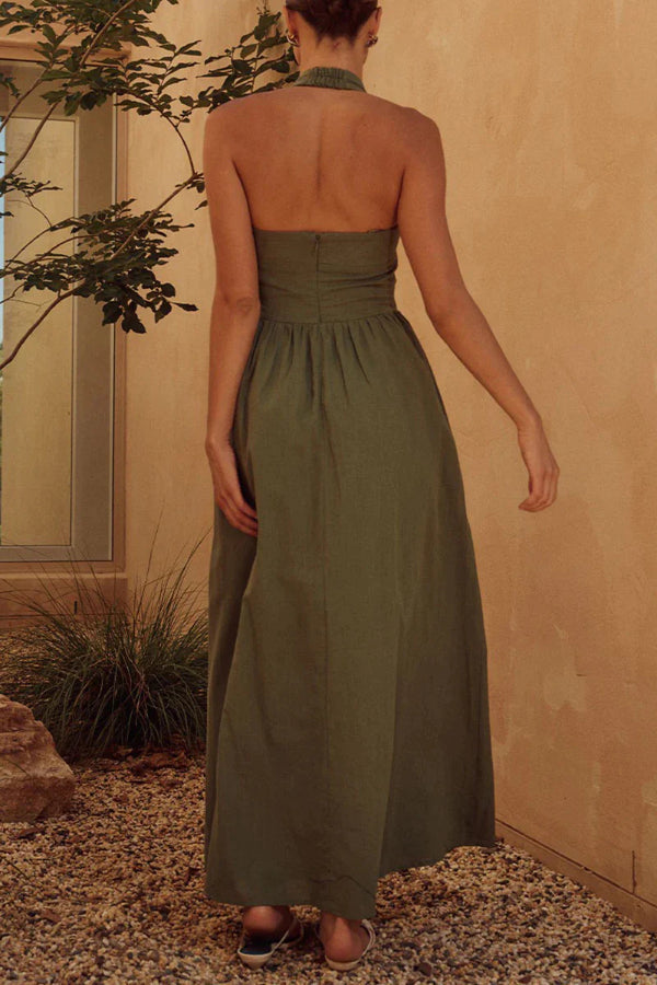 Yolaina Premium Plain Sleeveless Dresses with Pocket Pleats and Halterneck Wardrobe Essential