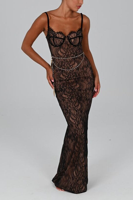 Lace Strappy OffShoulder Maxi Formal Dress