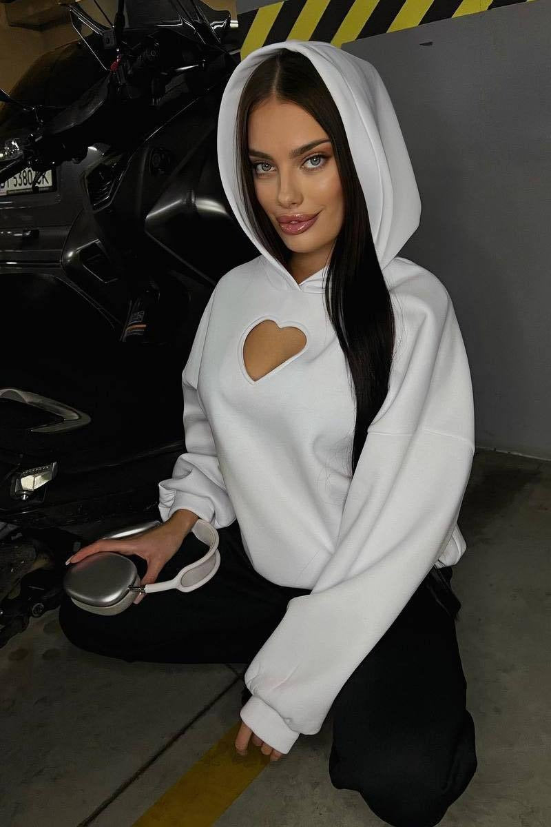 Solid Long Sleeve Heart Cutout Hoodie