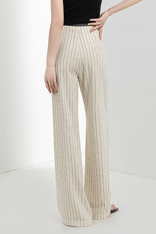Linen High Waist Stripe Narrow Wide Leg Pants