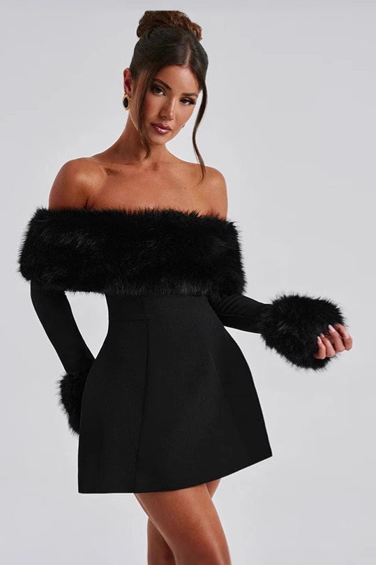 Black Faux Fur Collar Off Shoulder Bodycon Dress