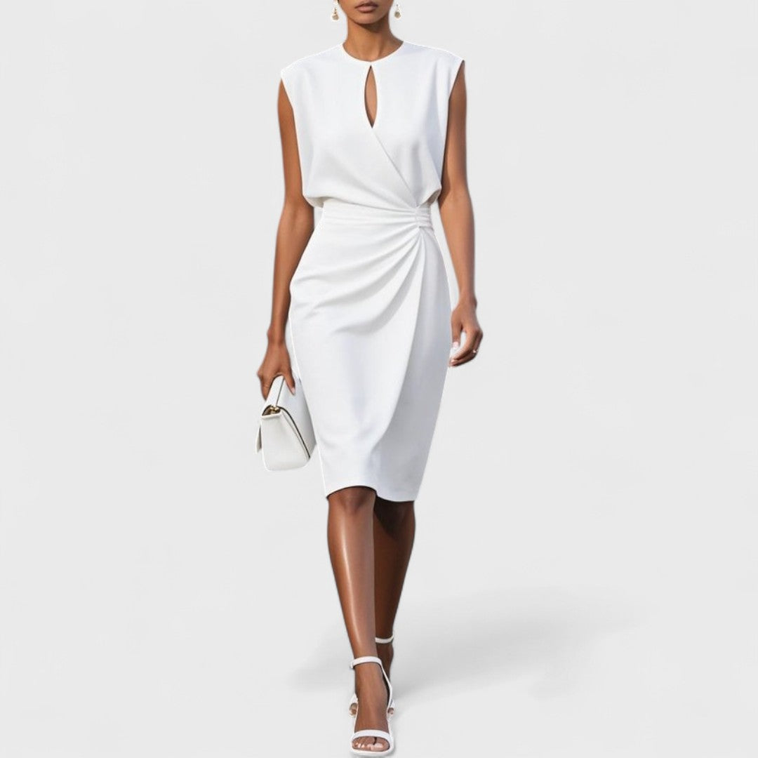 Keyhole Neck Sleeveless Ruched Twist Waist Tulip Midi Dress