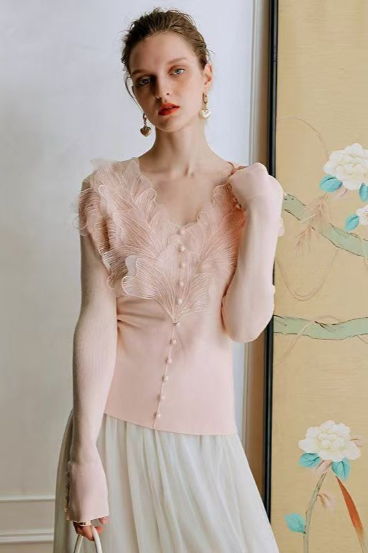 3D Floral Lace VNeck Knit Top