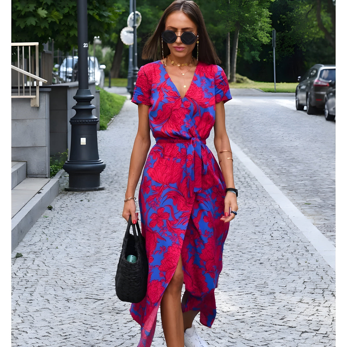 V-Neck Floral Print Tie Waist Wrap Side Slit Maxi Dress 2