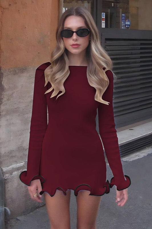 Cuffed Sleeve Solid Knit Mini Sweater Dress