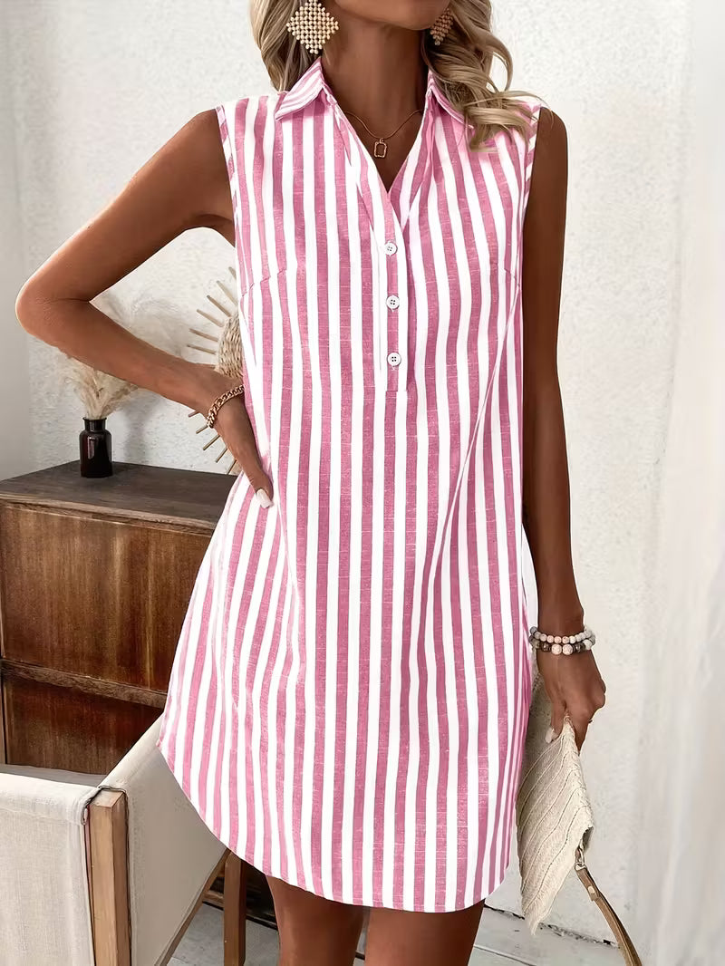 Collared Sleeveless Button Front Striped Shift Mini Dress