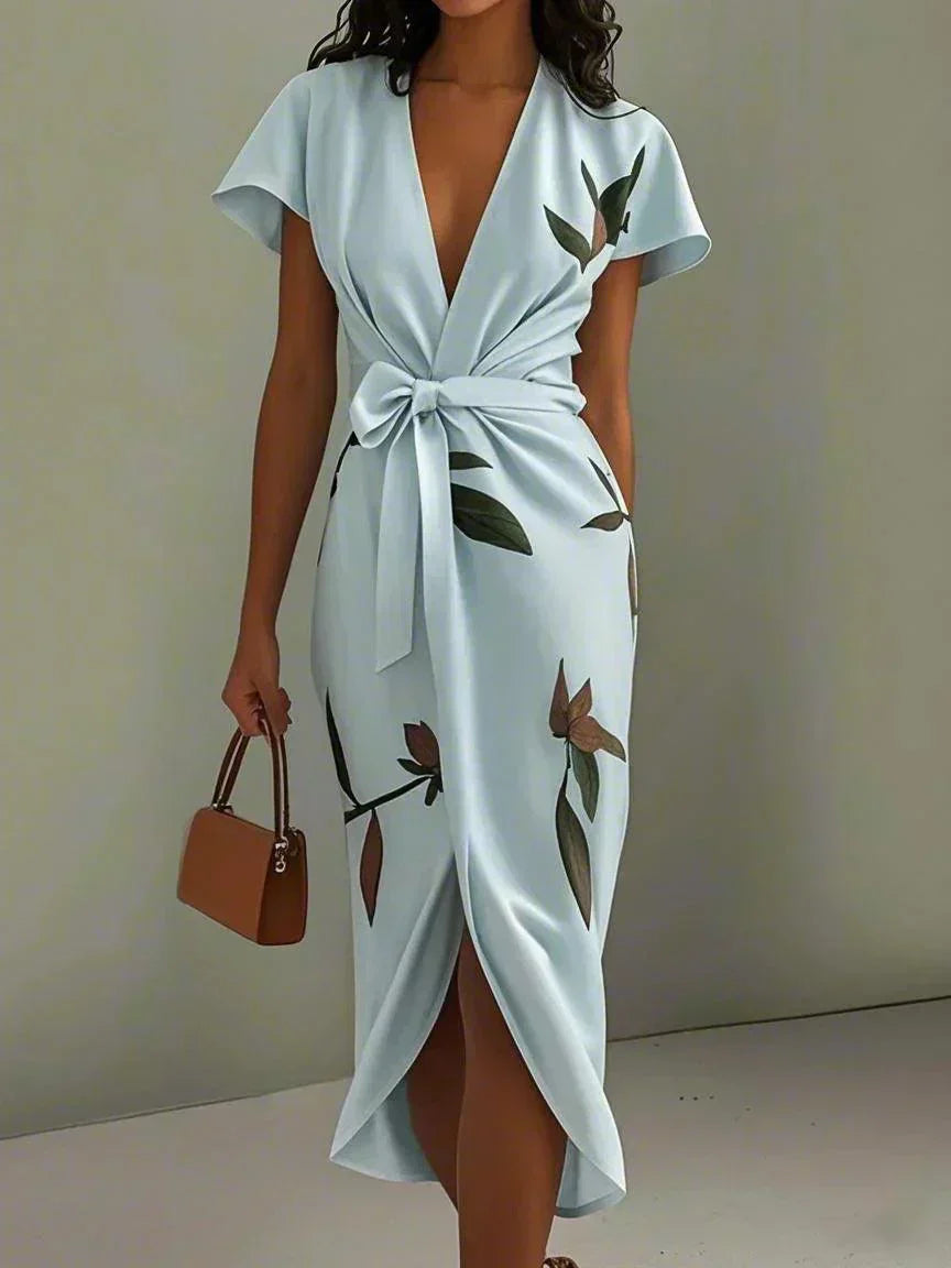V-Neck Leaf Print Short Sleeve Tie Waist Wrap Midi Dress 9