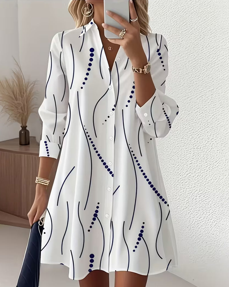 White Collared Abstract Print Button-Front Long Sleeve Shirt Mini Dress