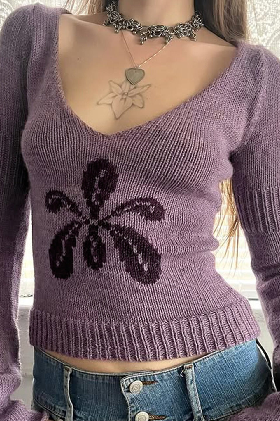 Relaxed Fit VNeck Floral Sweater