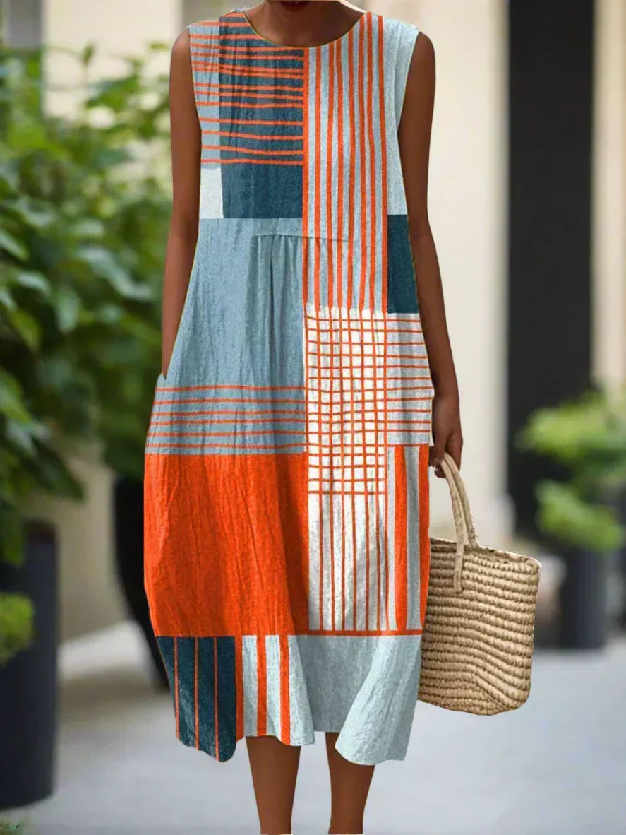 Round Neck Geometric Colorblock Sleeveless Pocket Midi Dress