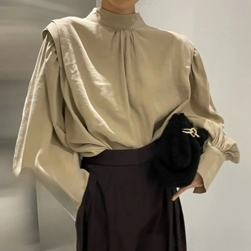 Black Lantern Sleeve ButtonUp Blouse