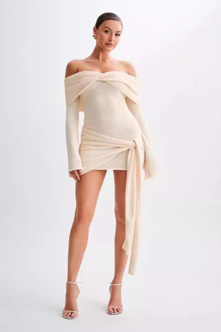 Sheer Spaghetti Strap OffShoulder Fitted Knit Maxi Sweater Dress