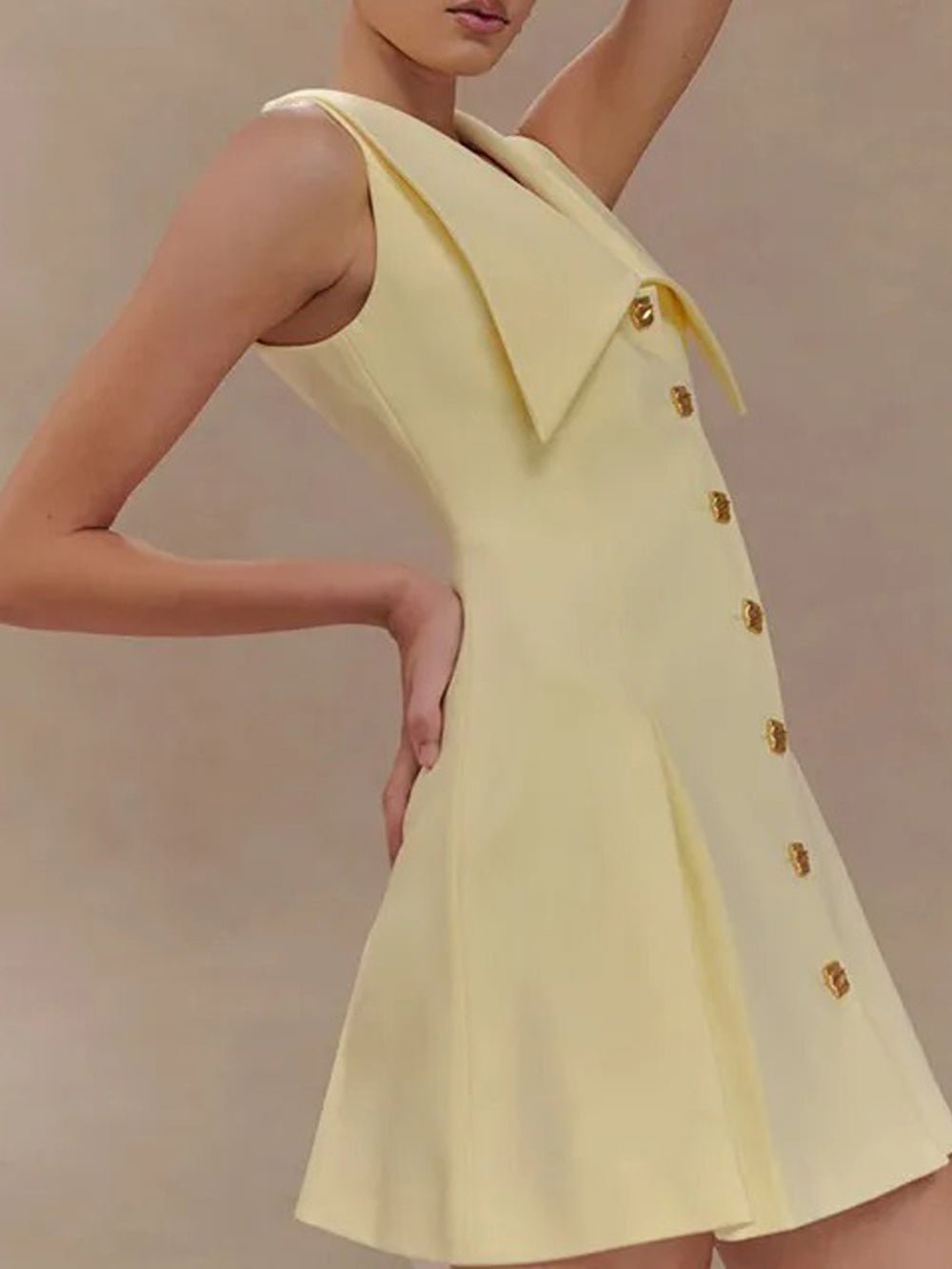 Deep V-Neck Pointed Collar Button Front Knife Pleat A-Line Mini Dress 6