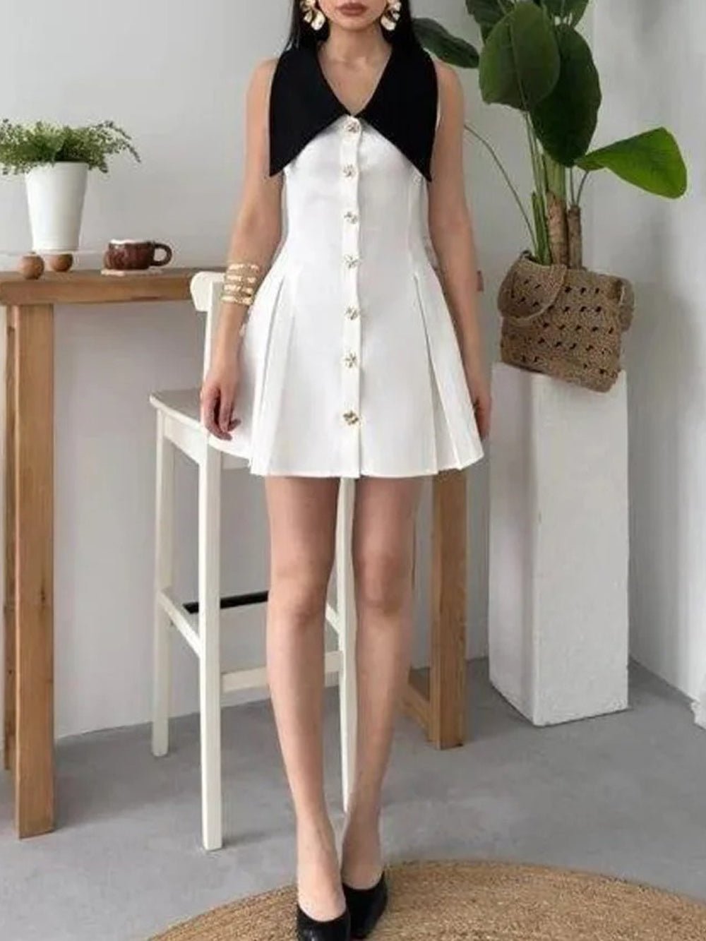 Deep V-Neck Pointed Collar Button Front Knife Pleat A-Line Mini Dress 9