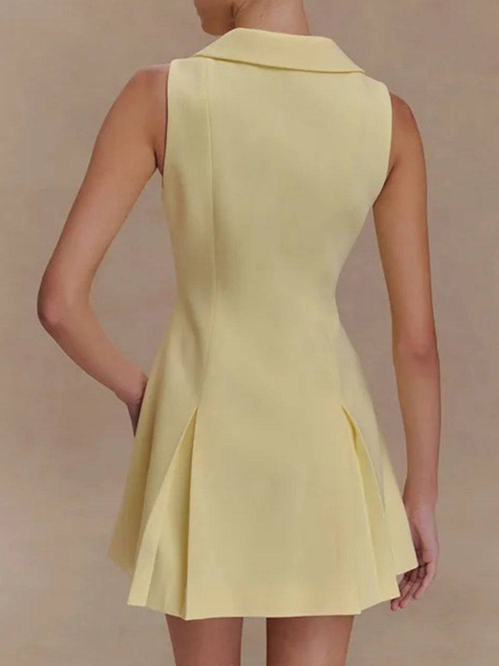 Deep V-Neck Pointed Collar Button Front Knife Pleat A-Line Mini Dress 2