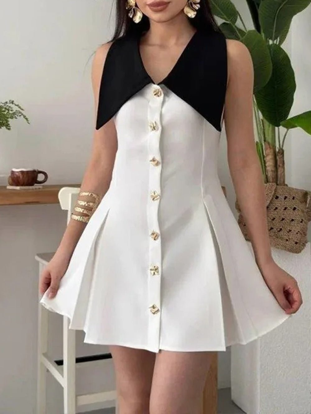 Deep V-Neck Pointed Collar Button Front Knife Pleat A-Line Mini Dress 7