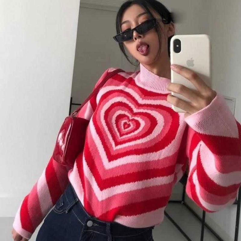 Pink High Neck Long Sleeve Radiating Heart Pullover Sweater
