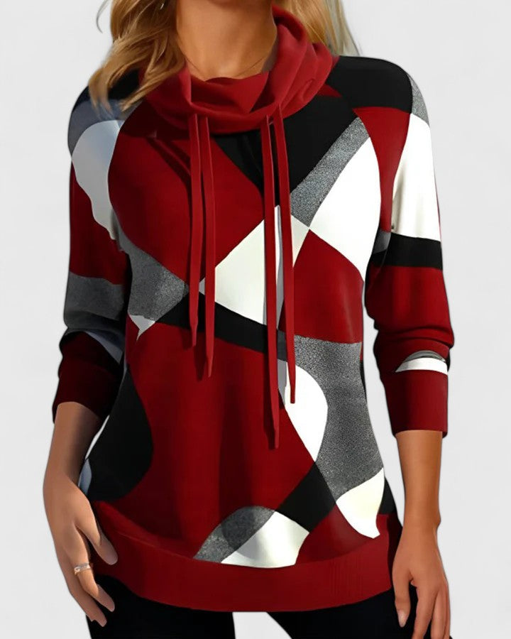 Cowl Neck Drawstring Long Sleeve Geometric Print Sweatshirt 3